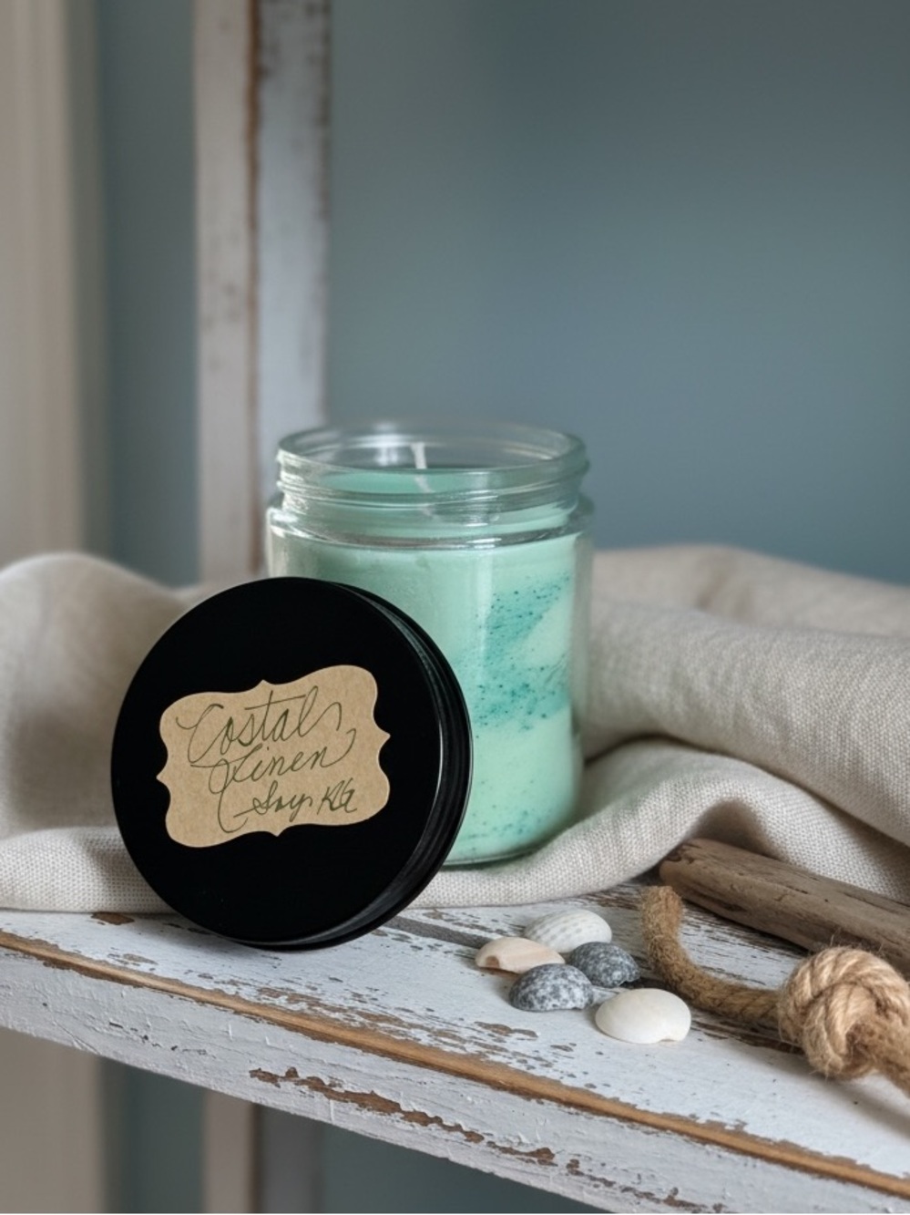 Handcrafted Costal Linen Soy Candle- Sea Glass Color
